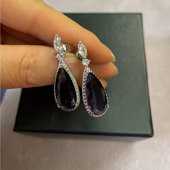 Sterling Silver Purple Amethyst Diamond Water Drop Teardrop Earrings - Picture 3 of 4